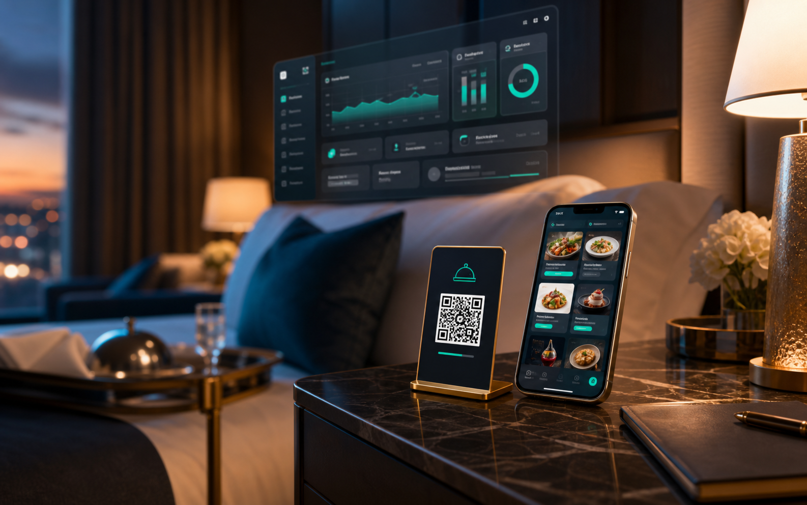 Habitación de hotel con QR, celular y panel de Room Service digital