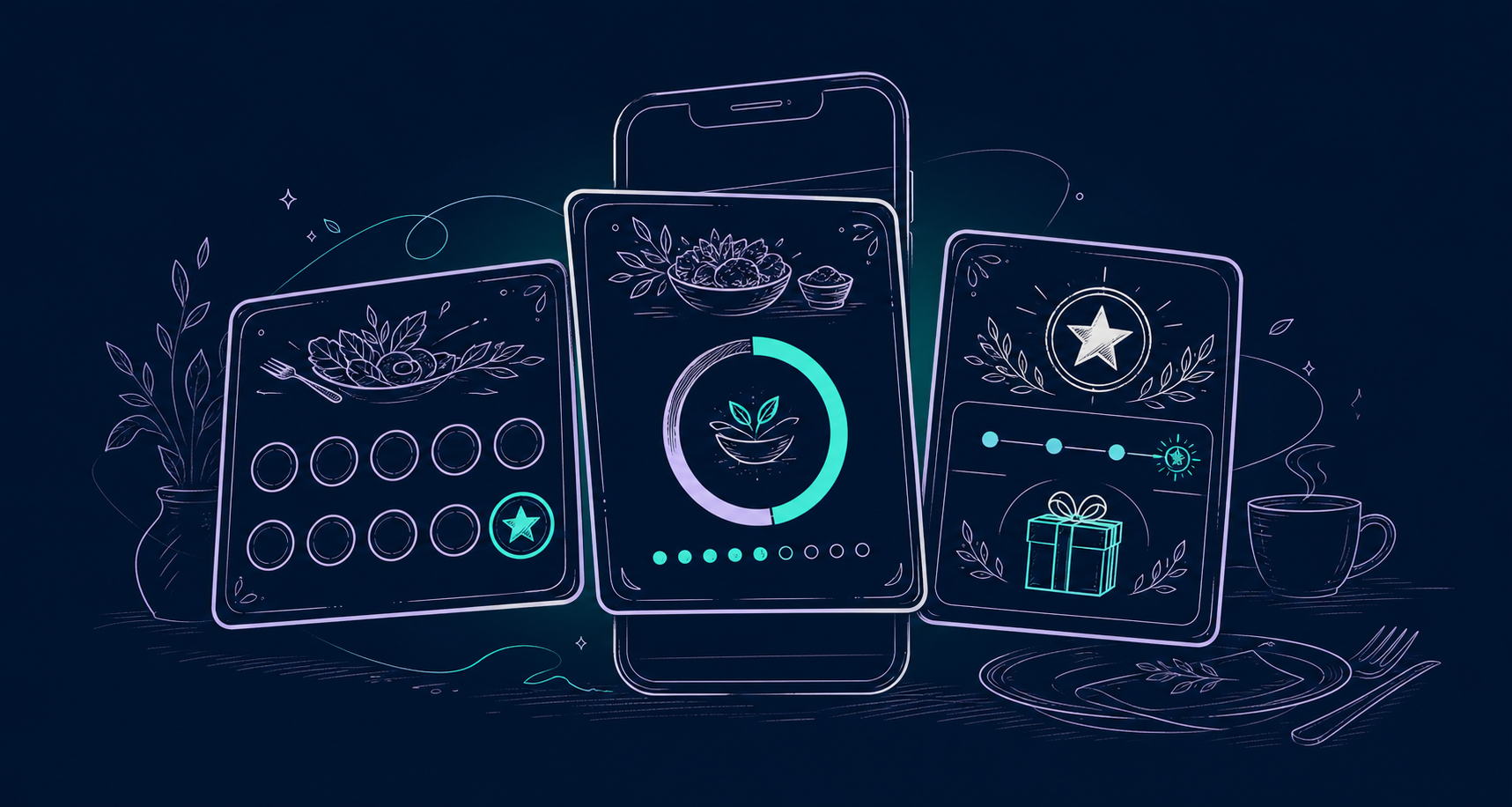 Ilustración de tarjetas de fidelidad digitales con sellos, puntos, niveles y recompensas