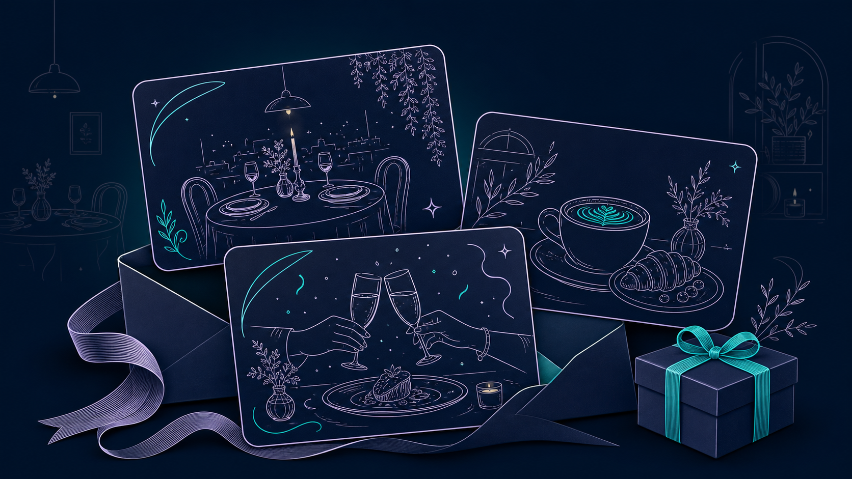 Colección ilustrada de Gift Cards digitales para experiencias gastronómicas