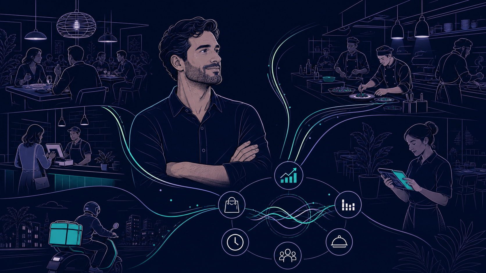 Gerente observando salón, mostrador, Delivery, cocina y equipo conectados mediante señales operativas