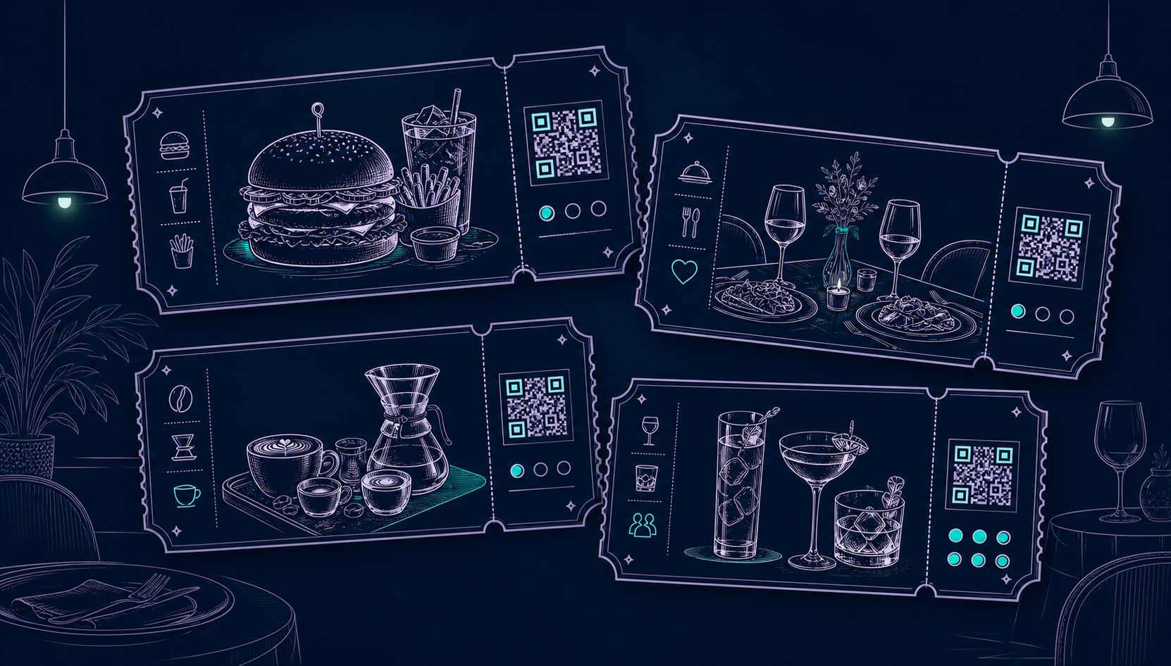 Colección ilustrada de vales para productos, combos, experiencias y packs gastronómicos