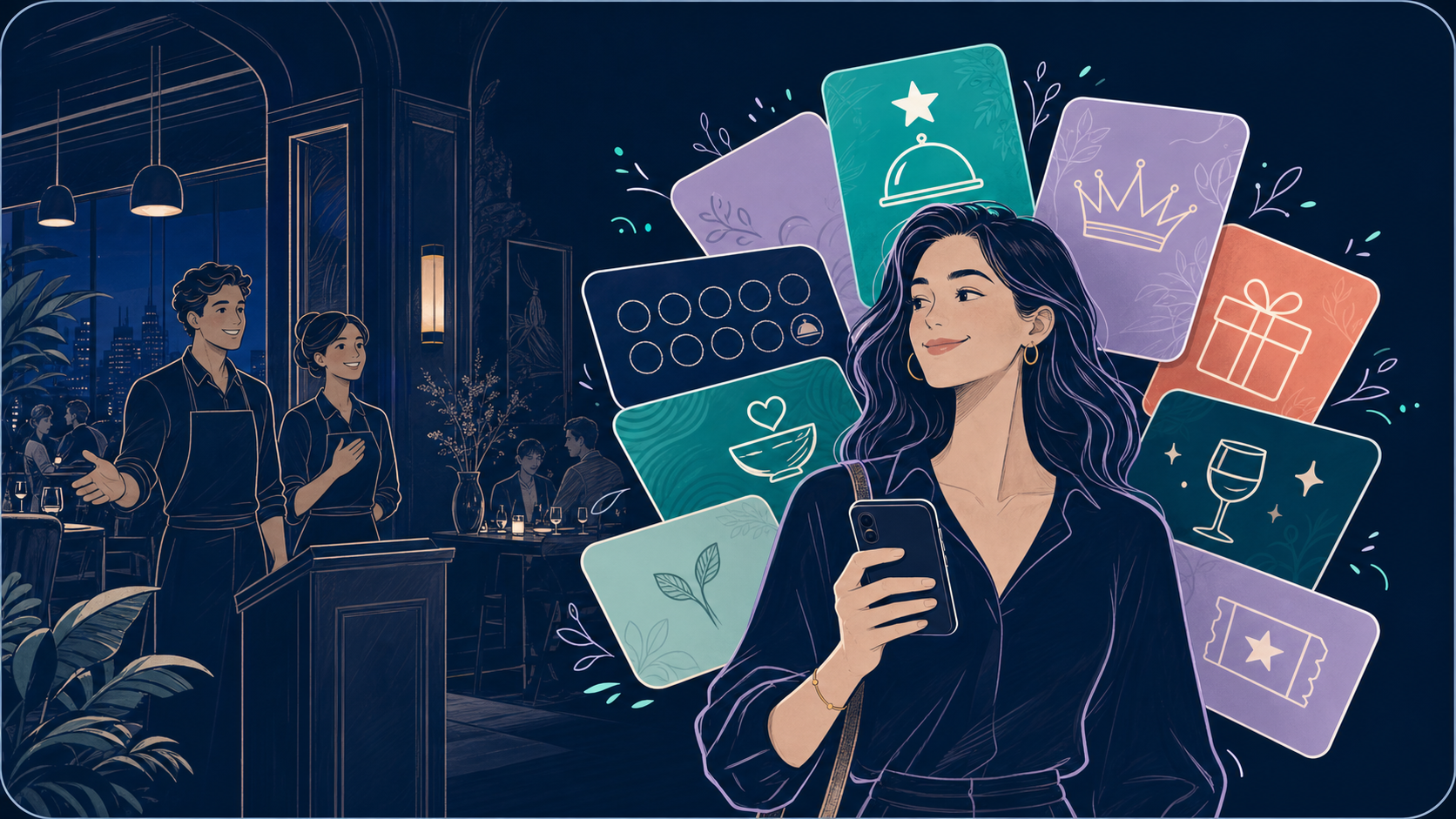 Cliente regresando a un restaurante con varias tarjetas digitales de fidelidad y beneficios en su teléfono