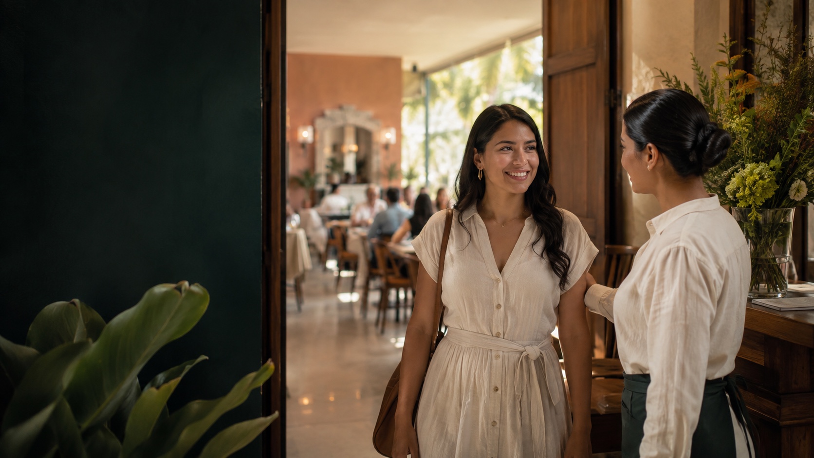 Clienta frecuente siendo recibida con familiaridad al volver a un restaurante