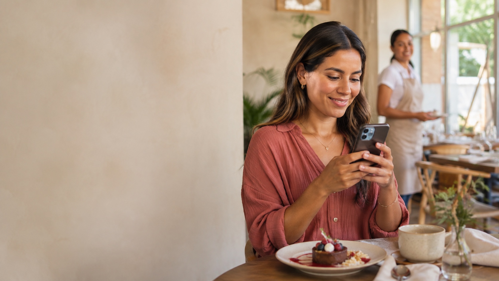 Clienta de un restaurante compartiendo su opinión desde el teléfono después de su experiencia