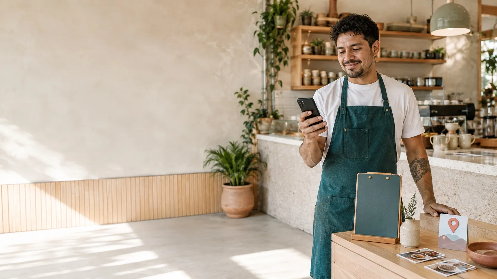Dueño de una cafetería preparando el enlace de su negocio para Instagram