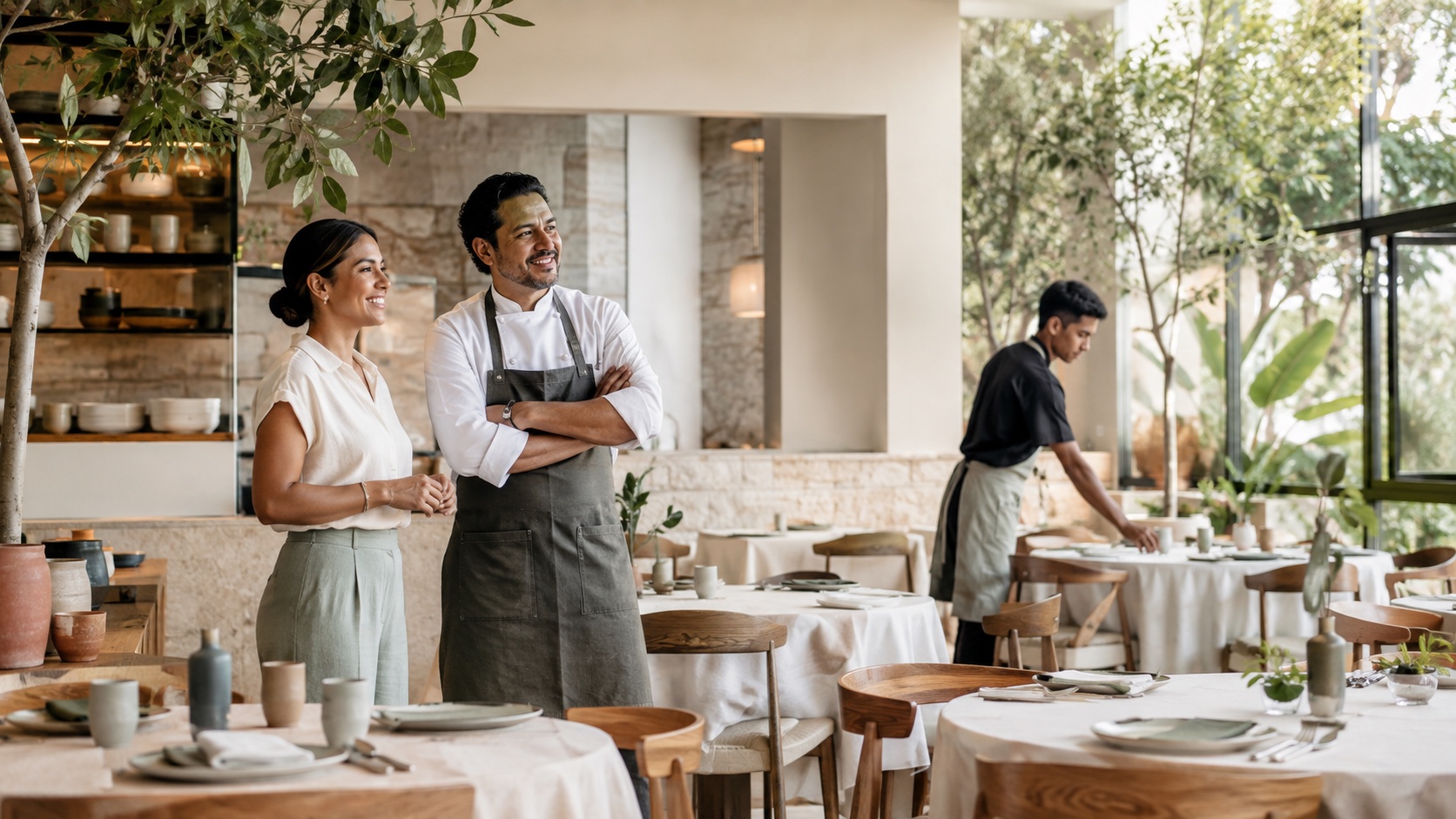 Dueña y chef preparando un restaurante contemporáneo antes del servicio