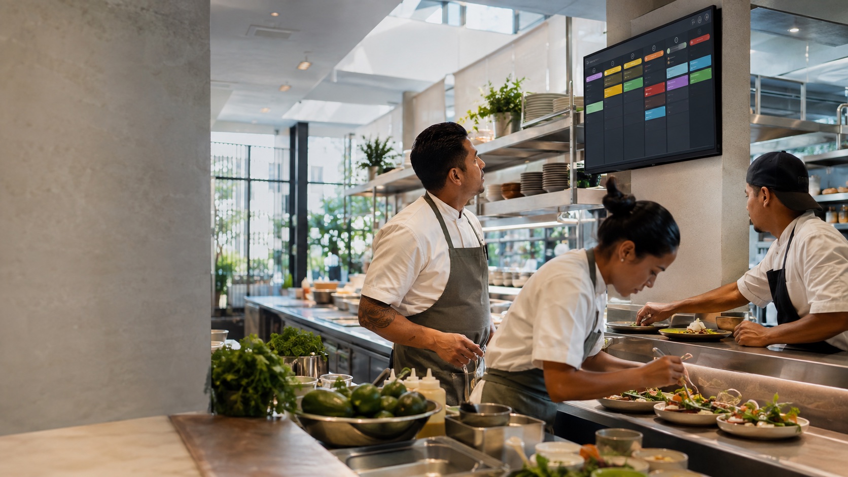 Equipo gastronómico coordinando comandas con una pantalla KDS dentro de una cocina profesional