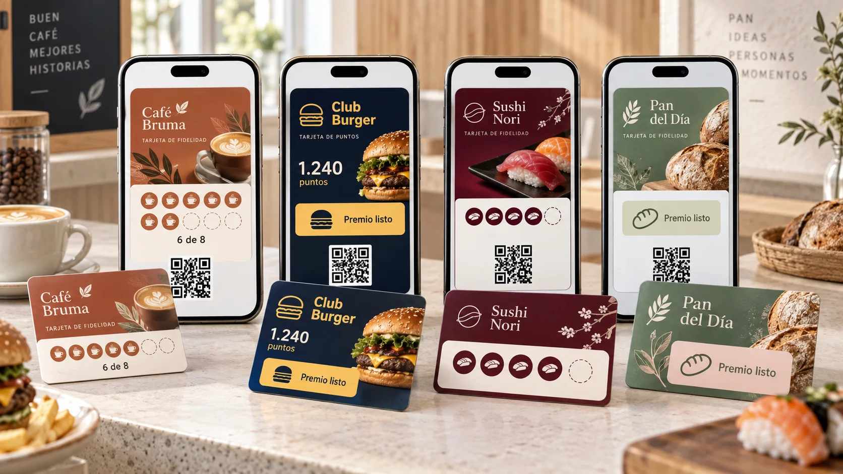Ejemplos de tarjetas digitales de fidelidad para cafetería, hamburguesería, sushi y panadería