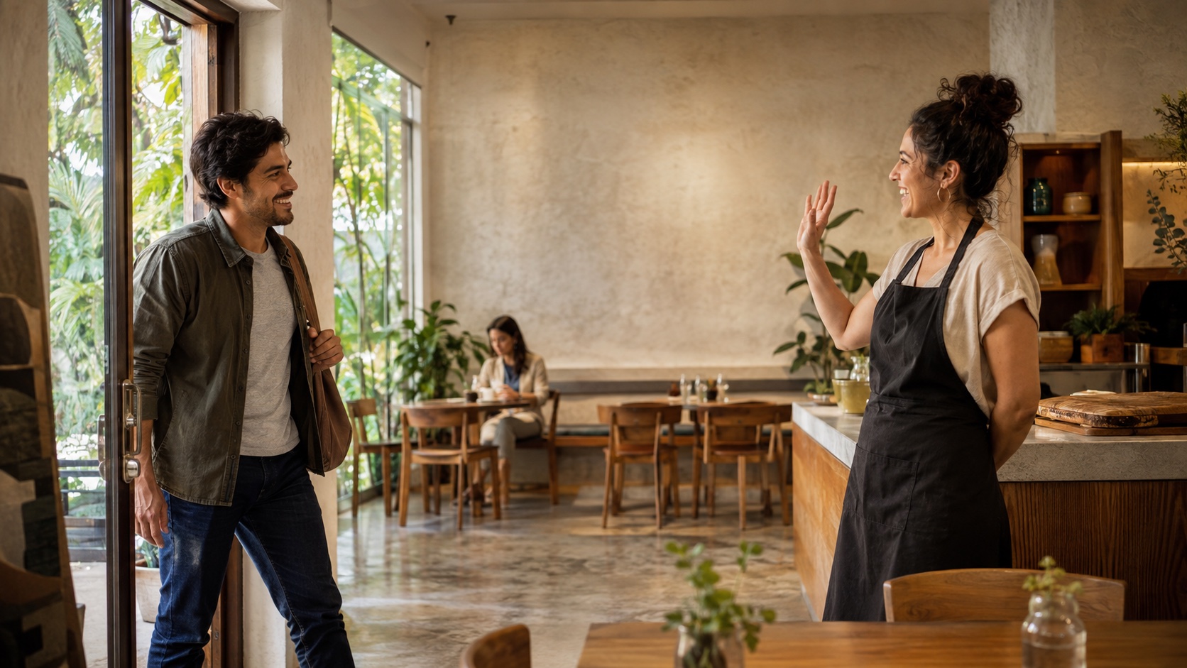 Dueña de un restaurante dando la bienvenida a un cliente habitual