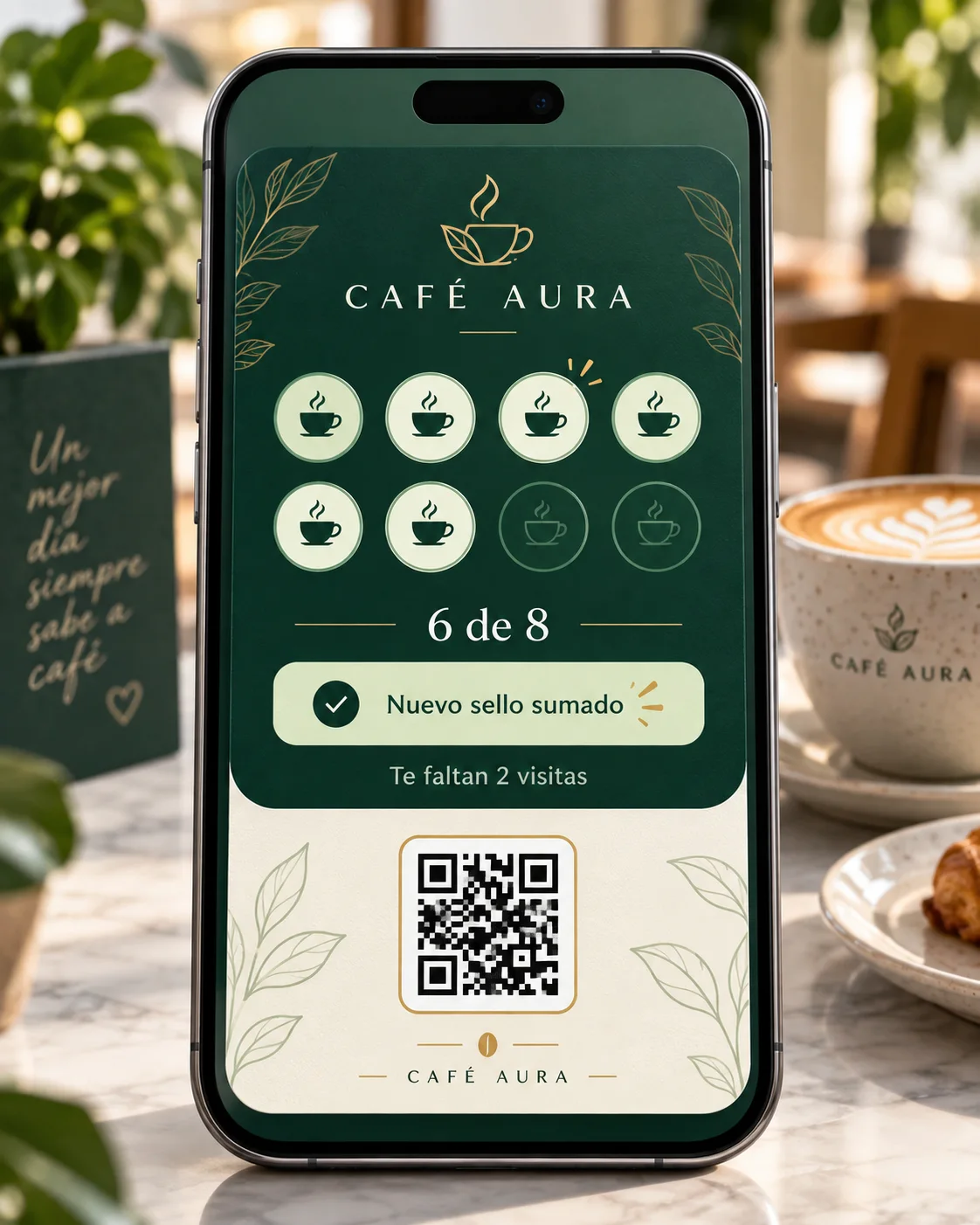 Tarjeta de Café Aura mostrando seis de ocho sellos
