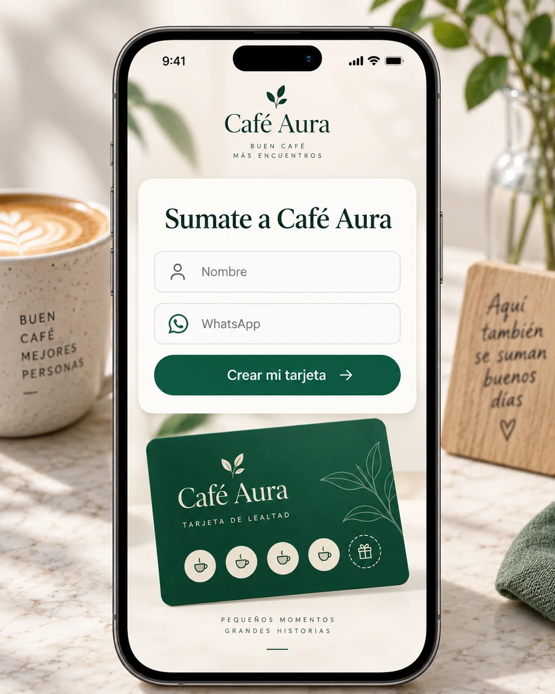 Registro breve para crear la tarjeta de fidelidad de Café Aura