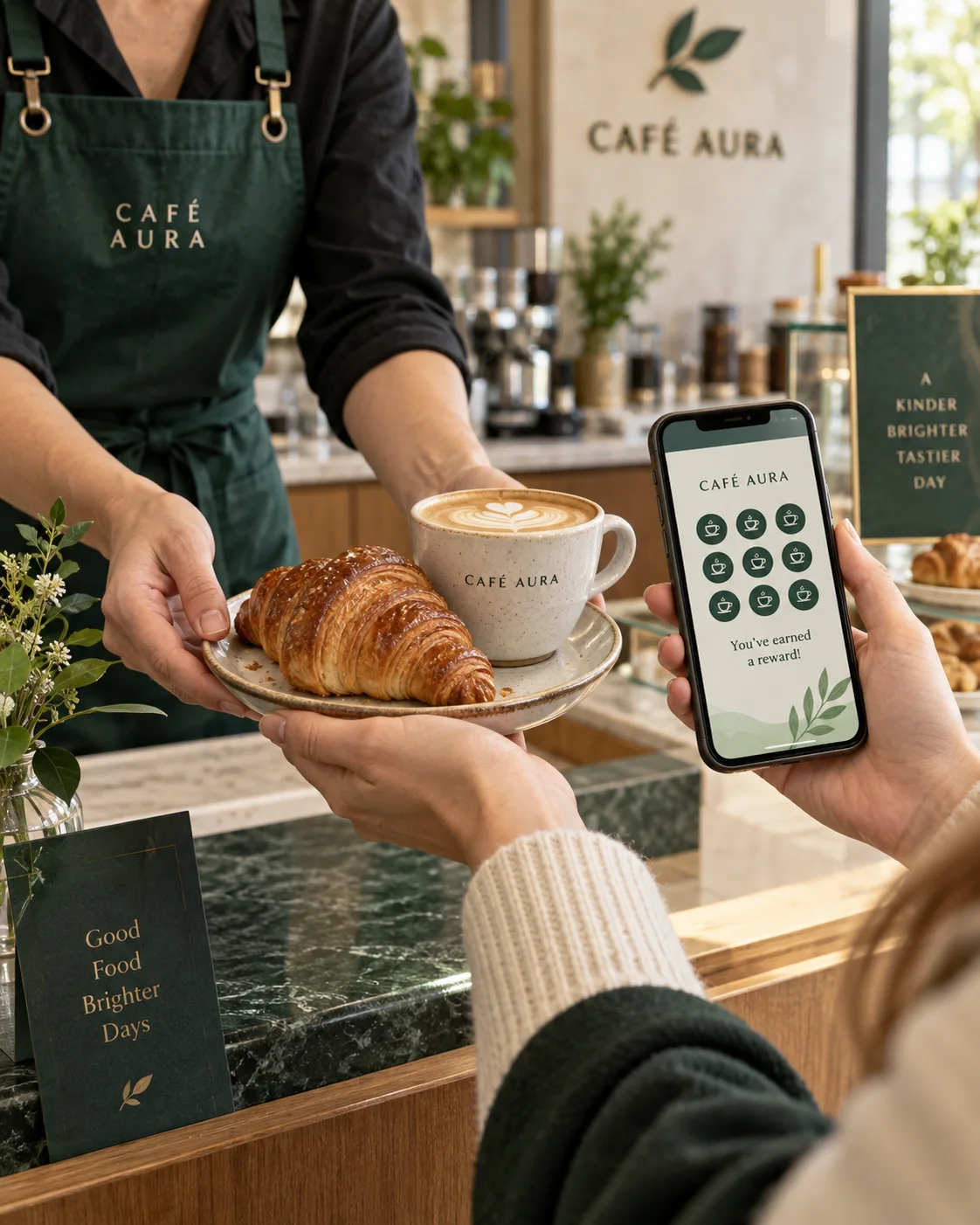 Clienta recibiendo su café y medialuna como recompensa