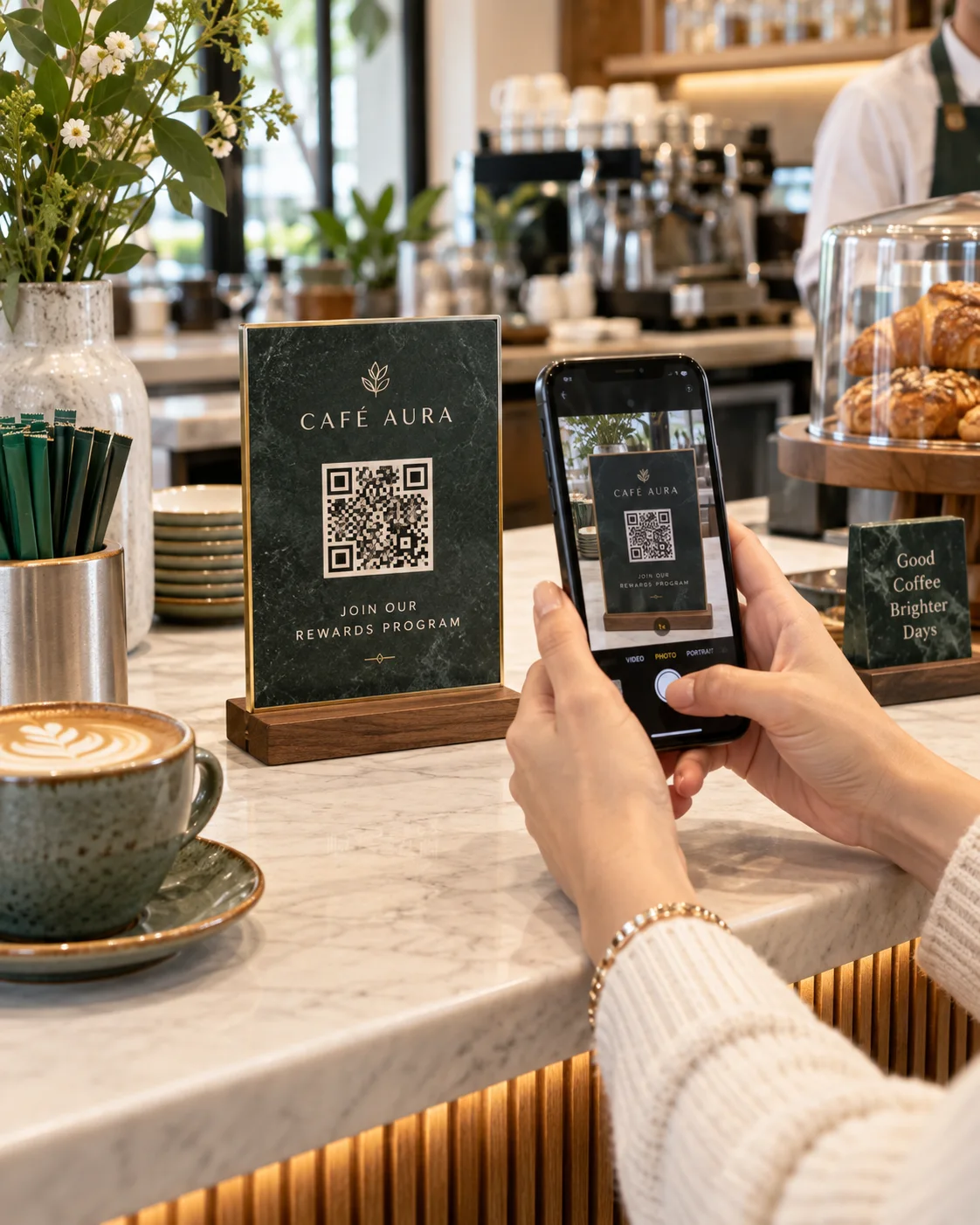 Cliente escaneando el QR de fidelidad de Café Aura