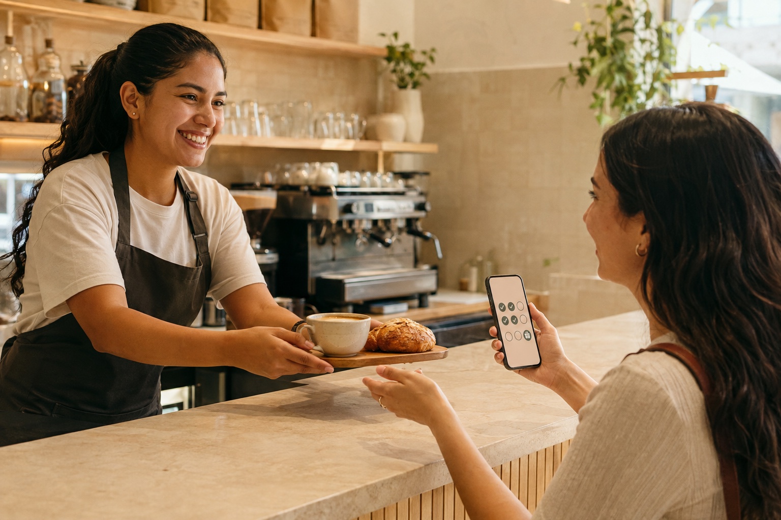 Clienta recibiendo una recompensa de fidelidad en una cafetería