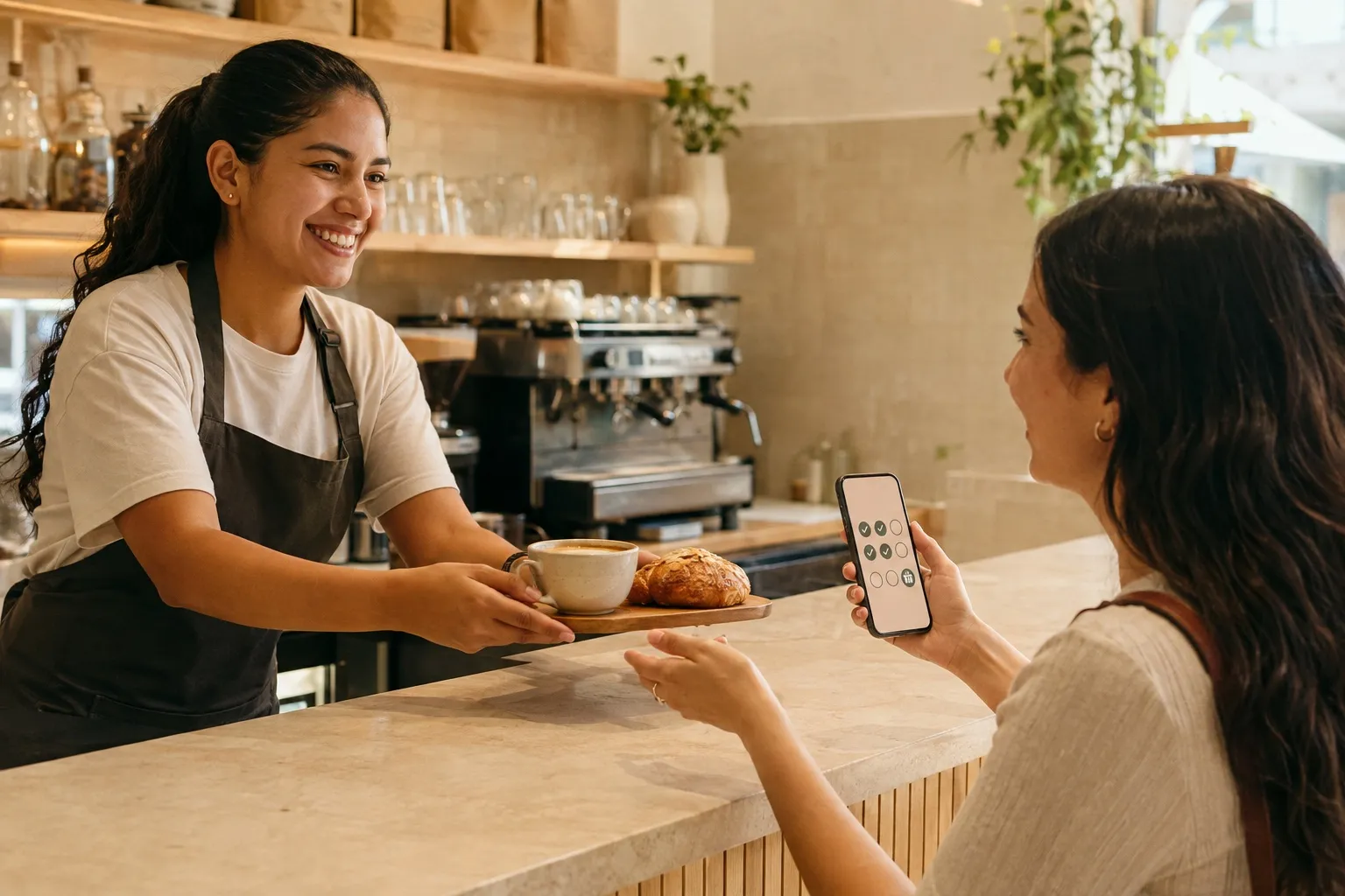 Equipo de cafetería acreditando una visita en la tarjeta de fidelidad de una clienta