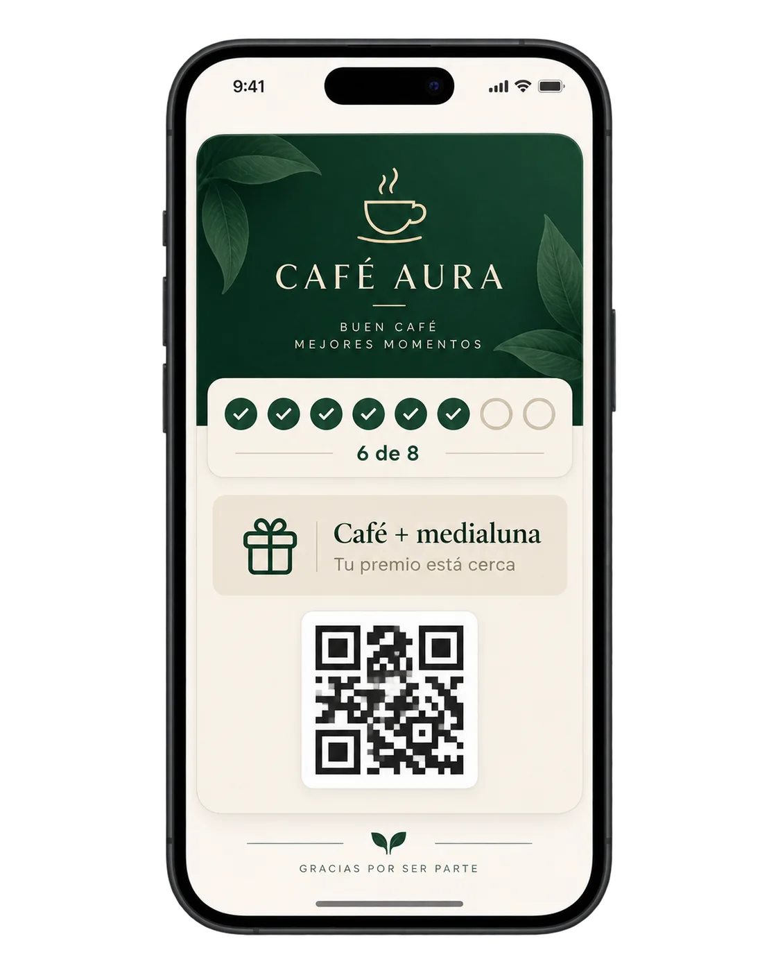 Teléfono con tarjeta digital de Café Aura, seis de ocho sellos, premio y código QR