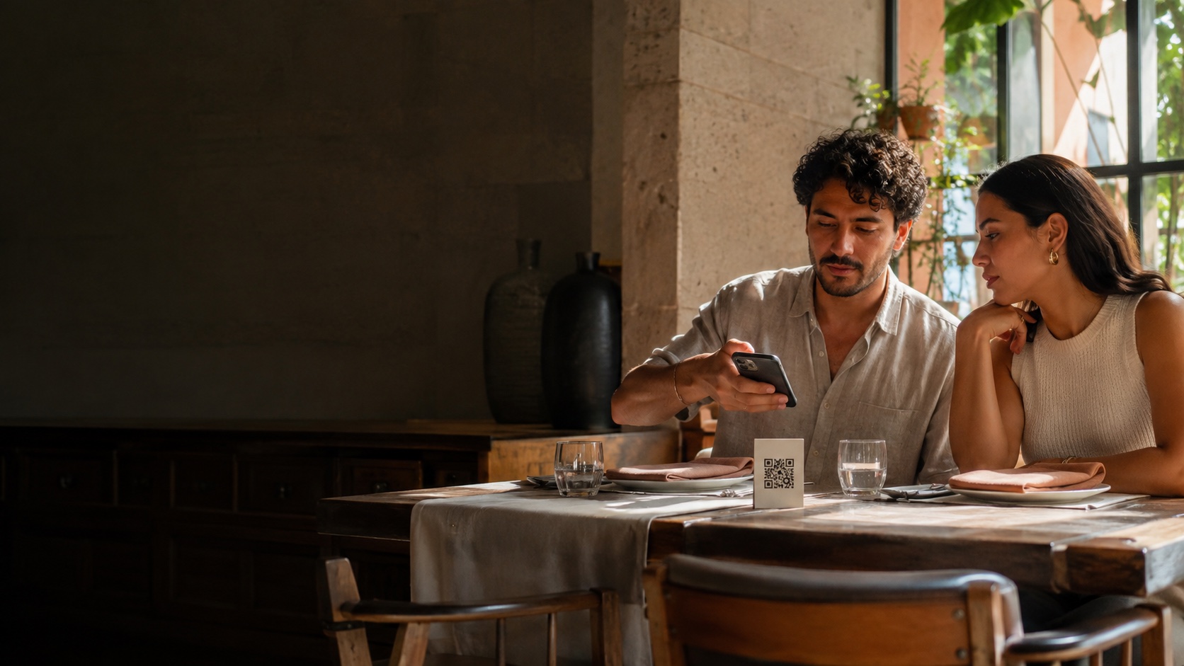Pareja descubriendo la carta digital desde el código QR de la mesa