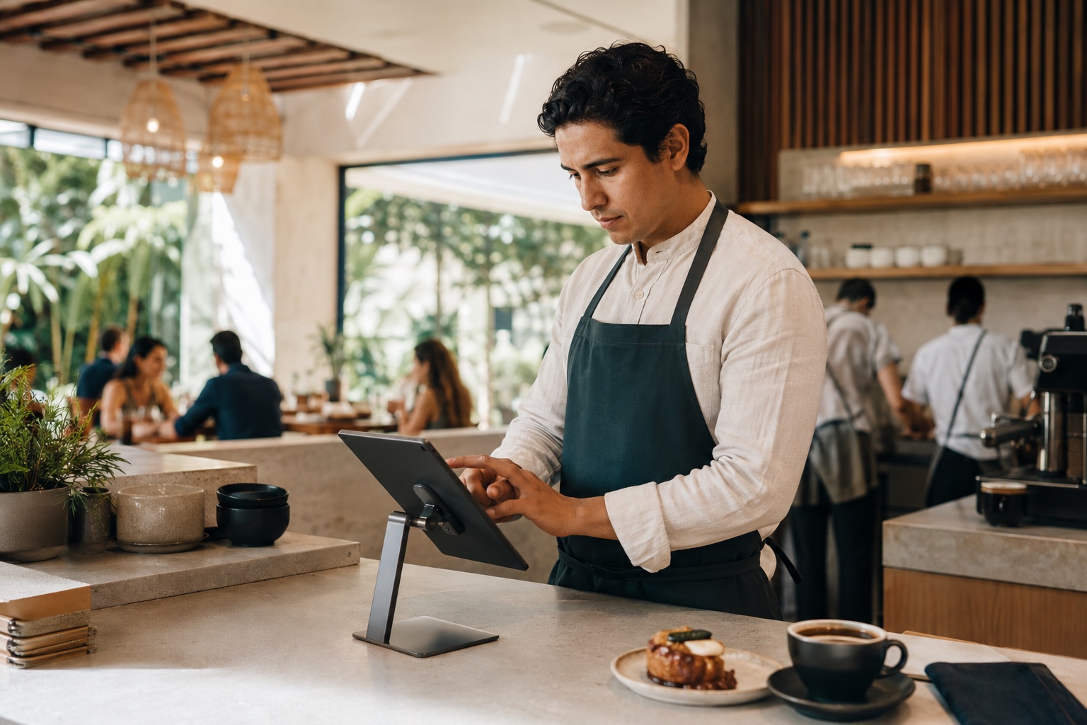 Equipo de un restaurante tomando pedidos desde un POS en tablet