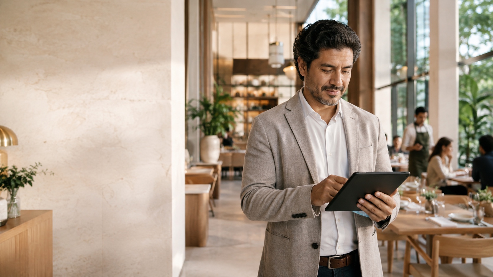 Responsable de un restaurante revisando sus resultados en una tablet durante el servicio