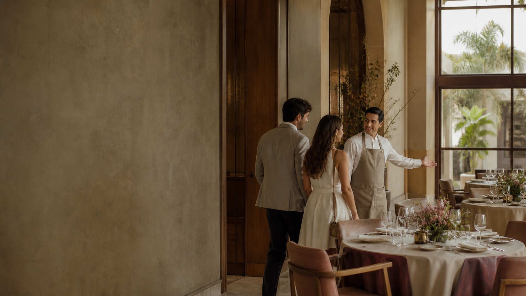 Pareja llegando a una mesa preparada en un restaurante luminoso