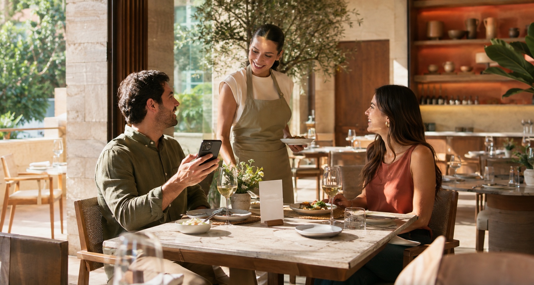 Clientes y una moza compartiendo una experiencia de mesa conectada