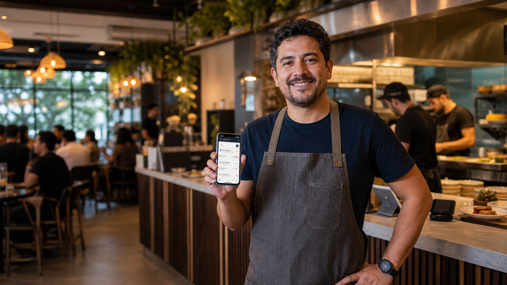 Propietario de restaurante utilizando ClickParaPedir durante el servicio